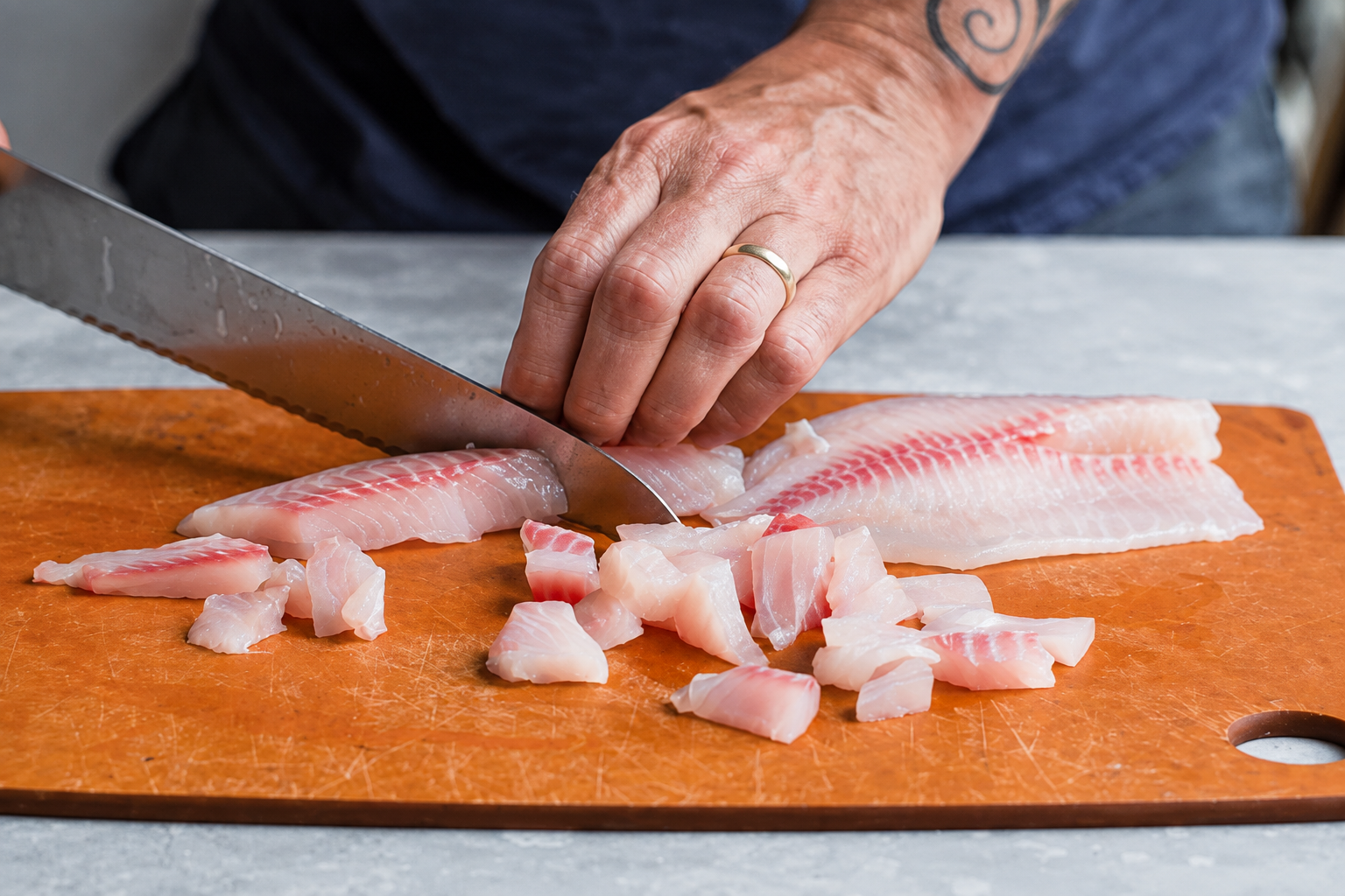 Step 1: Selecting & Cubing Sashimi-Grade White Fish